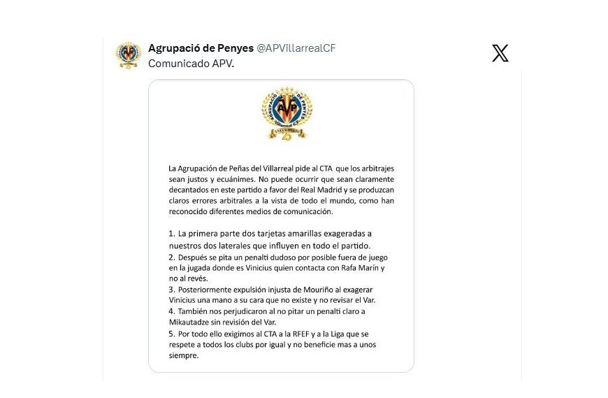 La Agrupación de Peñas del Villarreal carga contra el arbitraje ante el Real Madrid y exige igualdad en las decisiones